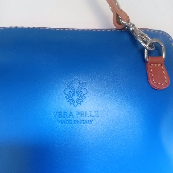 Vera Pelle Royal Blue/Tan Mini Structure Italian Leather Crossbody Bag New - Picture 5 of 11